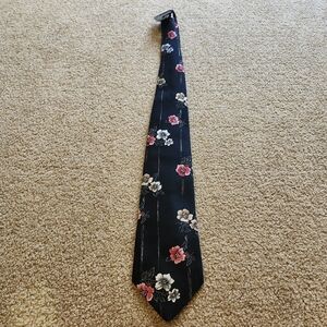 Vintage Oleg Cassini Black Tie with Bold Red and Cream Floral Accents
